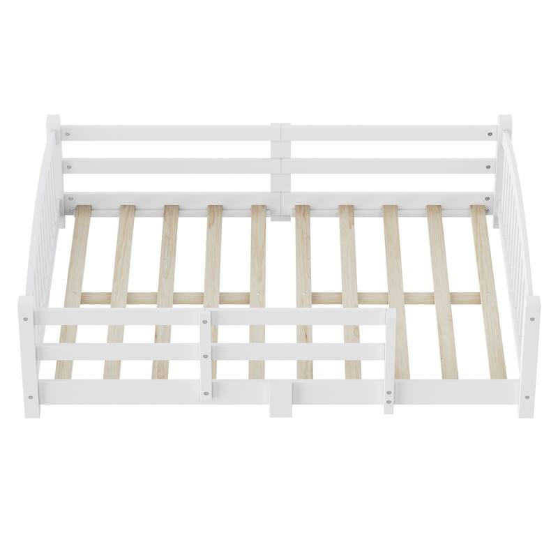 Roomfitters Montessori Floor Bed with Guardrails, Solid Wood Low Platform Bed with Slats, Easy Assembly