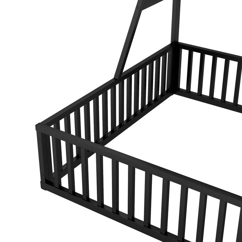 Full Size Floor Bed Frame with Safety Fence, Metal Floor Bed with Desk and Storage Shelves, Playhouse for Kids, Black