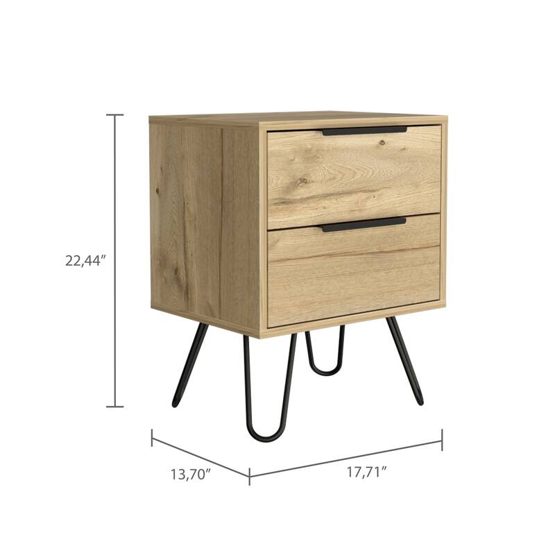 Light Oak 2-Drawer Nightstand, End Table with Hairpin Metal Legs - Compact and Sturdy Design