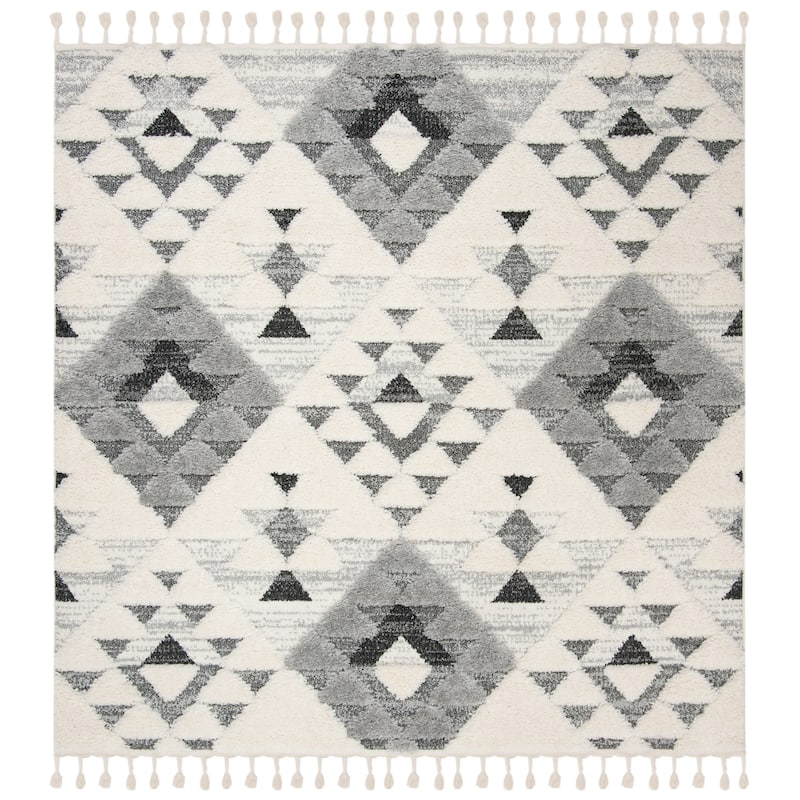 SAFAVIEH Moroccan Tassel Shag Kobi 2-inch Thick Rug - 8' x 8' Square - Ivory/Grey