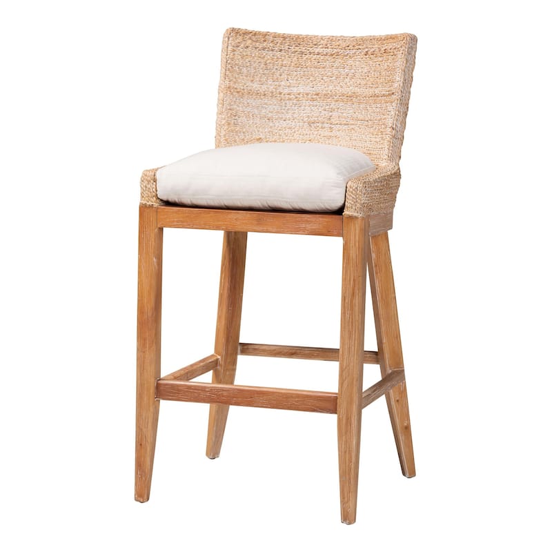 Ridley Seagrass Bar Stool with Mahogany Wood Frame - Coastal Seating with Woven Square Back and Cushioned Seat for Bar Island - White Wash