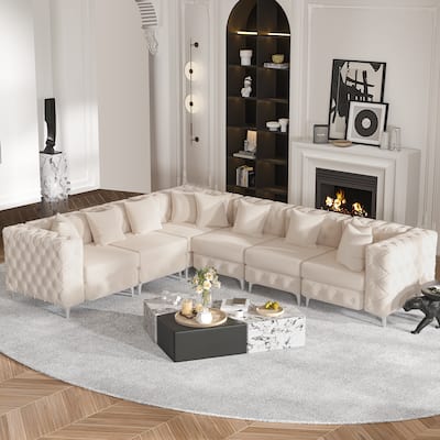 Large L-Shaped Modular Sofa, 6-Seat Velvet Sectional Couch