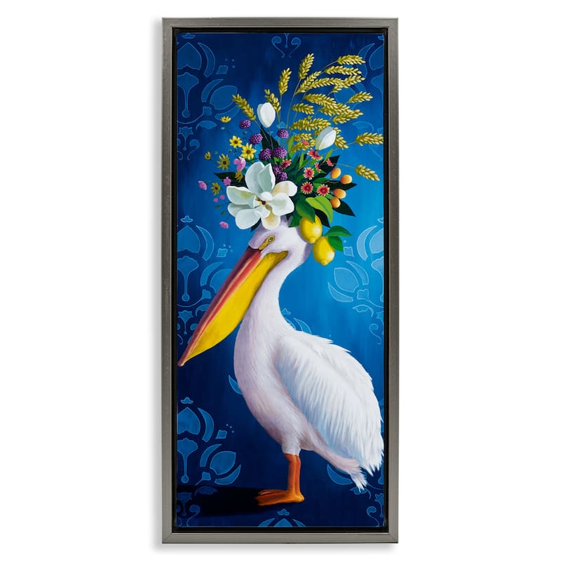 Stupell Floral Pelican over Damask Framed Floater Canvas Wall Art Design By Heather Gauthier - 11 x 25 - Grey