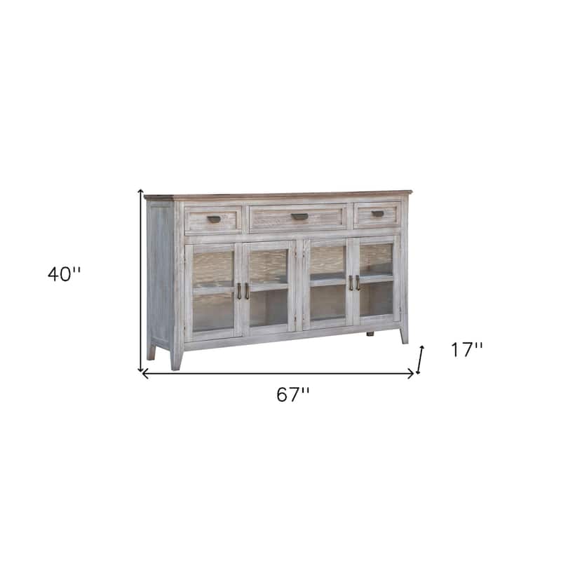 HomeRoots 67" White Solid and Manufactured Wood Distressed Credenza - 67.00 in. x 40.00 in. x 17.00 in.