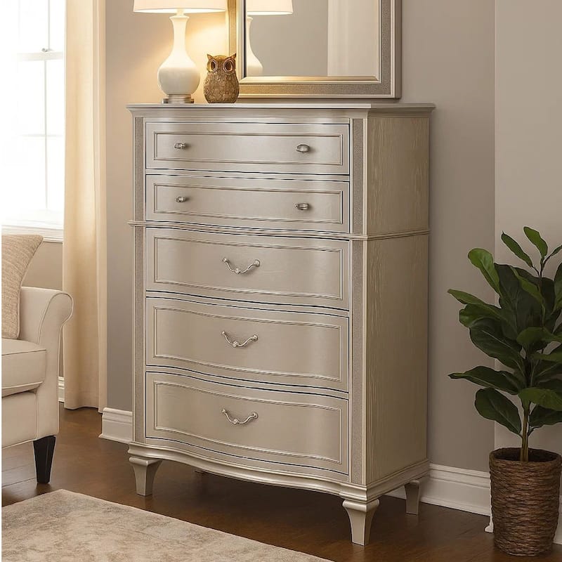 Inz 60 Inch 6 Drawer Tall Dresser Chest, Elegant Trim, Classic Silver