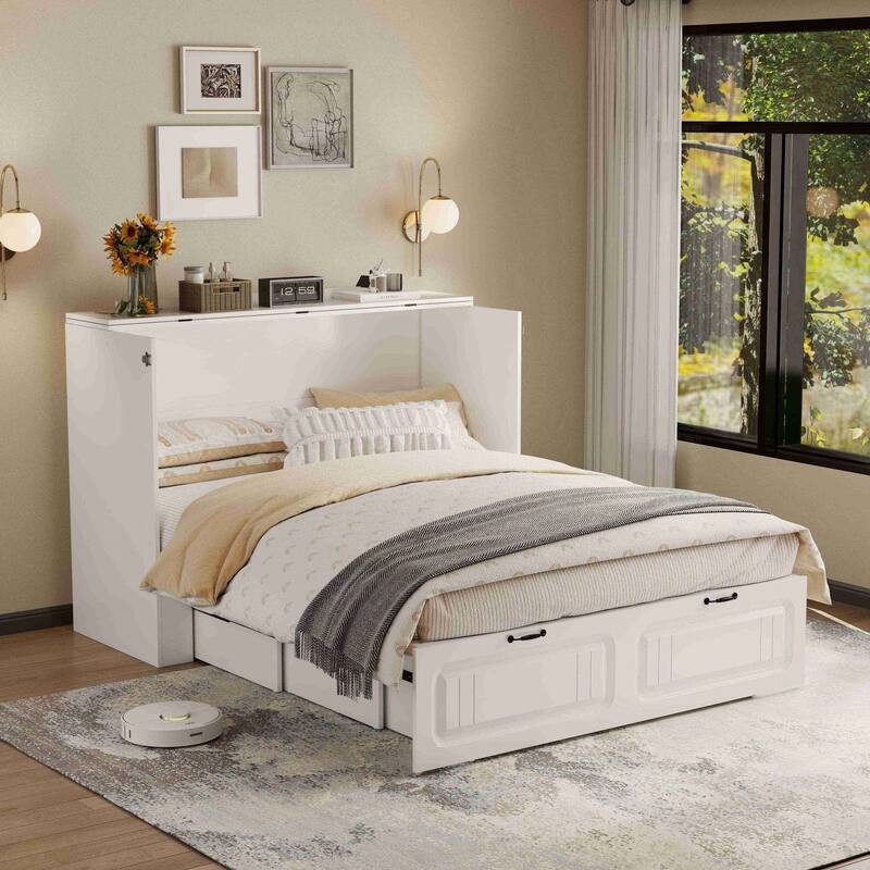 Murphy Bed Full Size with Storage Drawers Space Saving Cabinet Bed with Easy Pull Out Mechanism for Bedroom