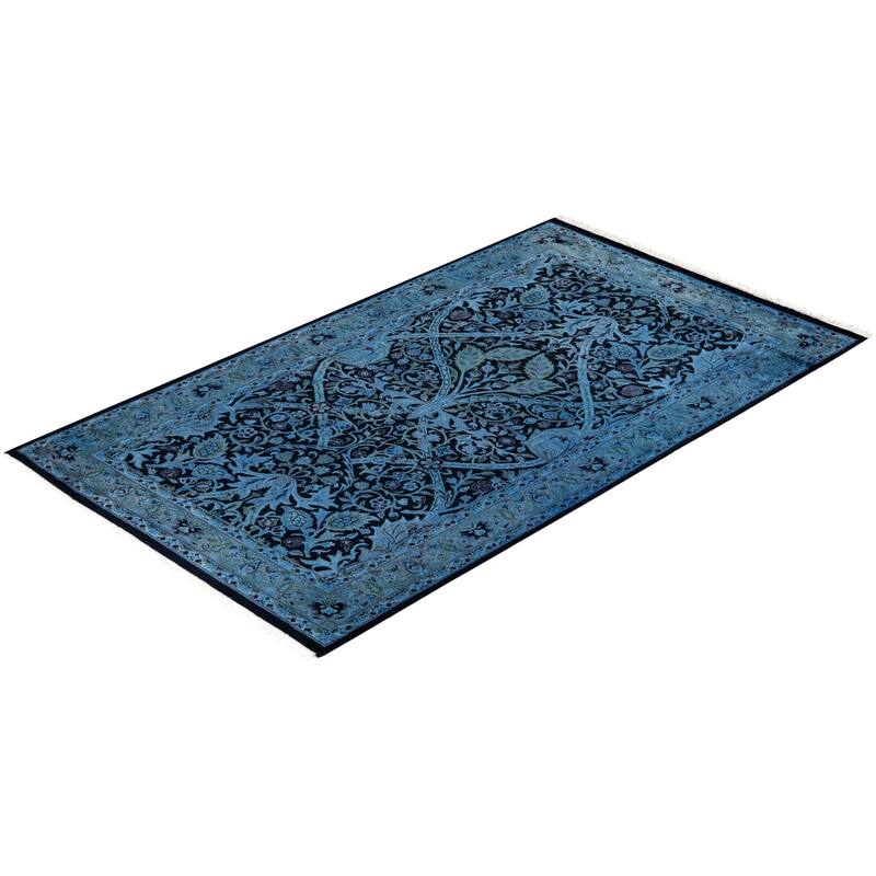 Overton Hand Knotted Wool Vintage Inspired Modern Contemporary Overdyed Blue Area Rug - 3' 2" x 5' 5"