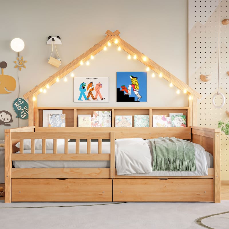 House-Shaped Full Size Daybed with LED Roof Frame, Storage Shelves and Drawers, Wooden Platform Bed Frame, Storage Sofa Bed