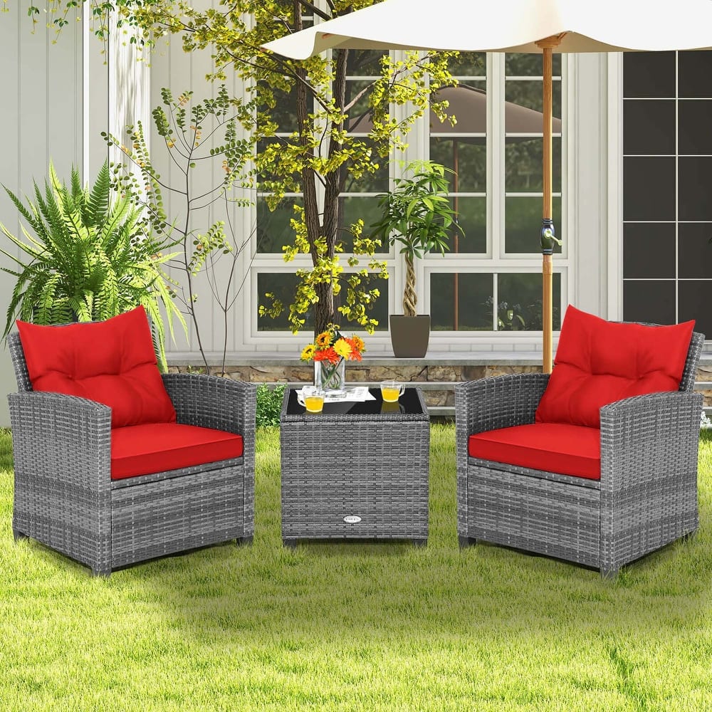 Costway 3PCS Patio Rattan Furniture Bistro Set Cushioned Sofas Side - See Details