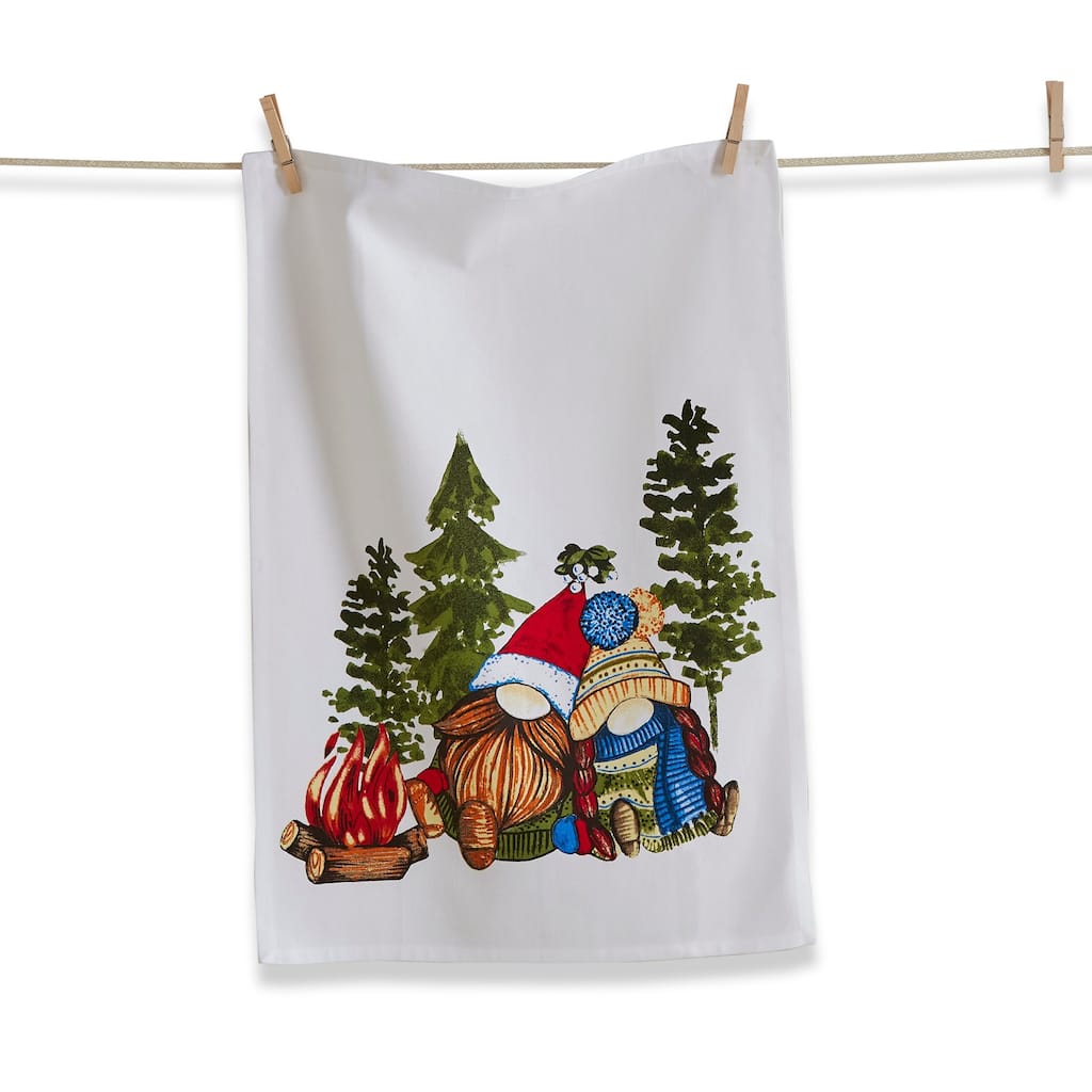 "Mistletoe Gnomies" Cotton Dishtowel Features 2 Holidays Gnomes in Forest by Camp Fire 26.0L x 18.0W.