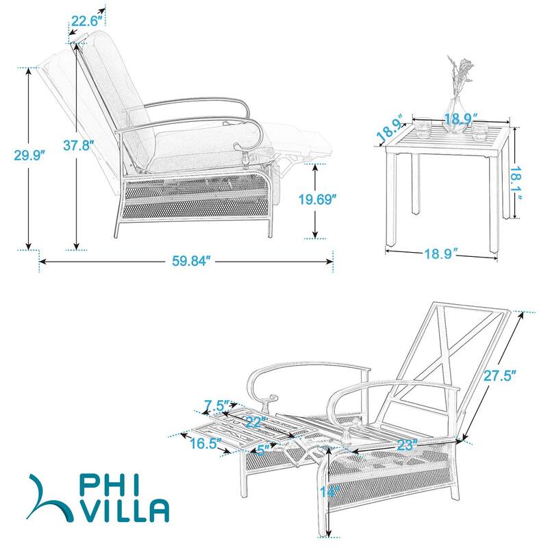 2-Piece Outdoor Bistro Set,1 Patio Metal Adjustable Relaxing Recliner Lounge Chair and 1 Metal Side Table