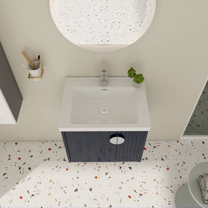 Modern Wall-Mounted Bathroom Vanity with Ceramic Sink, Soft-Close Doors, and 3 Pairs of Metal Handles for Customization