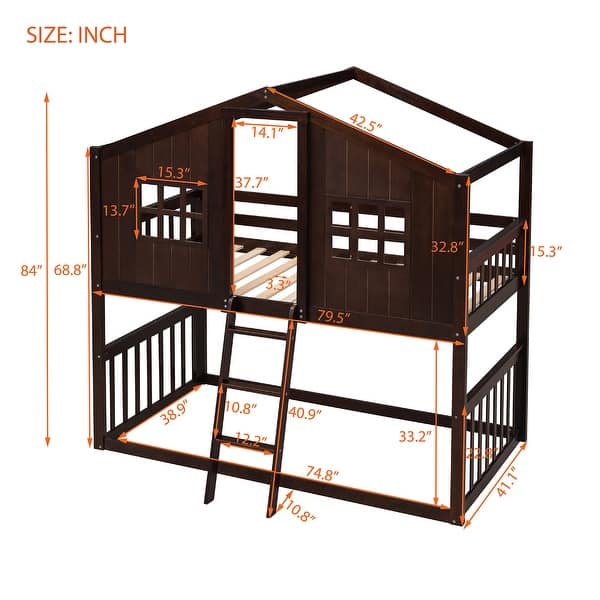 dimension image slide 2 of 3, Twin Over Twin House Bunk Bed With Ladder and Fence Wood White Modern Contemporary Urban