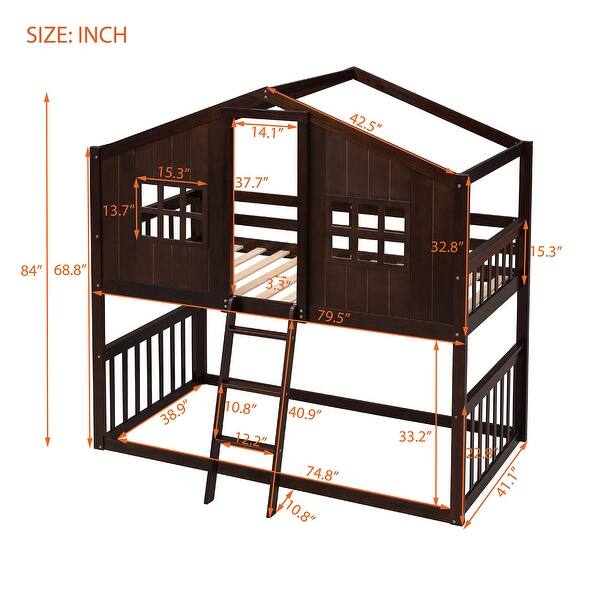 Twin Over Twin House Bunk Bed With Ladder and Guardrail, Espresso