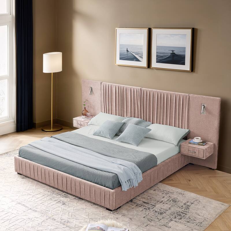 Queen Size Upholstered Platform Bed with Headboard, Chenille Fabric, and Built-in Nightstand, Pink