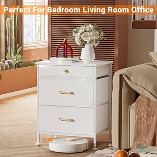 Modern White Nightstand with 3 Drawers, Night Stand for Bedroom, Small Dresser with Fabric Bins, Leather Finish