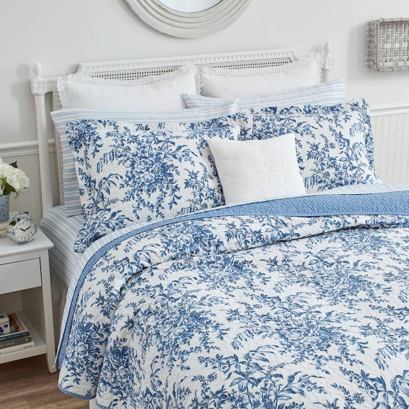 Laura Ashley Bedford Cotton Reversible Quilt Set - Blue - Twin