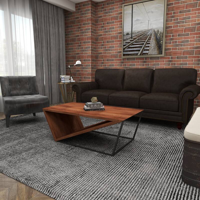 Brown Wood Diagonal Open Frame Living Room Coffee Table with Gray Metal Base
