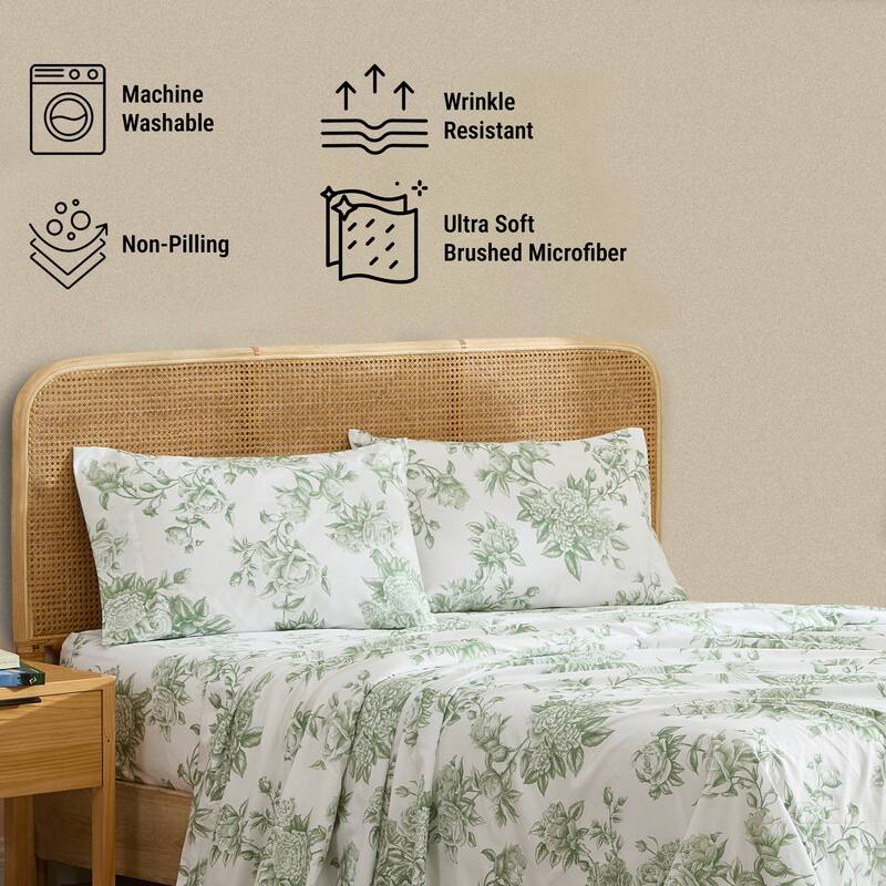 HLC.ME Floral Bed Sheets - Multi-Piece Bed Sheet Set - Wrinkle Resistant & Ultra Soft - Fits Mattresses up to 15 Inches Deep