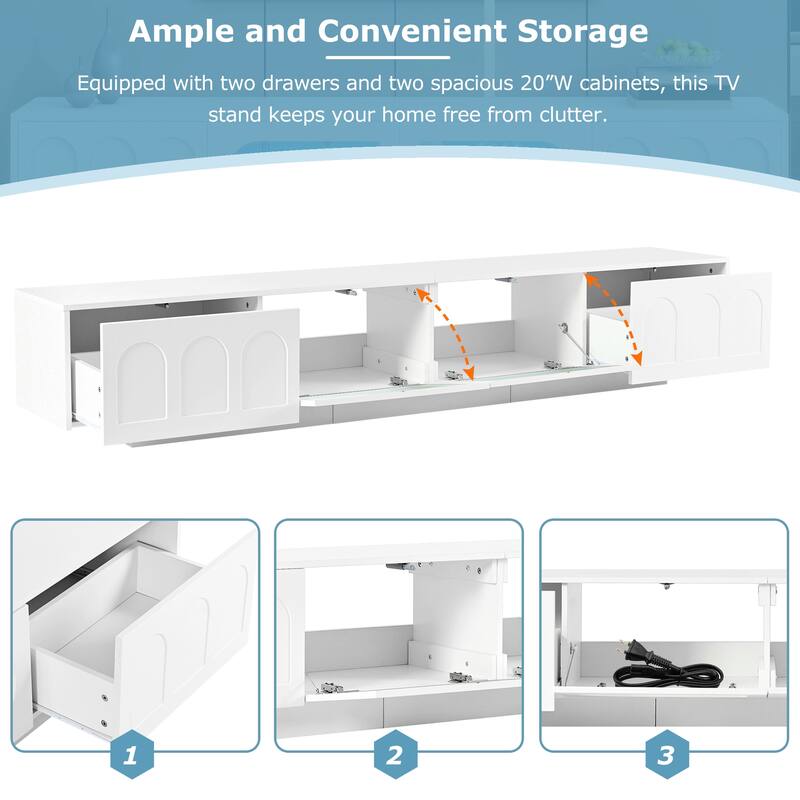 Functional TV Stand with Geometric Fluted Glass Doors, APP-Controlled LED Lighting for TVs Up to 95", Storage Cabinet & Drawers