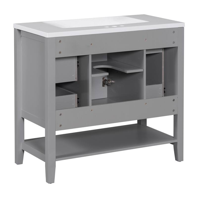 36" Bathroom Vanity with Ceramic Sink，Freestanding Bathroom Vanity Cabinet with 1 Door, 3 Storage Drawers and Adjustable Shelf