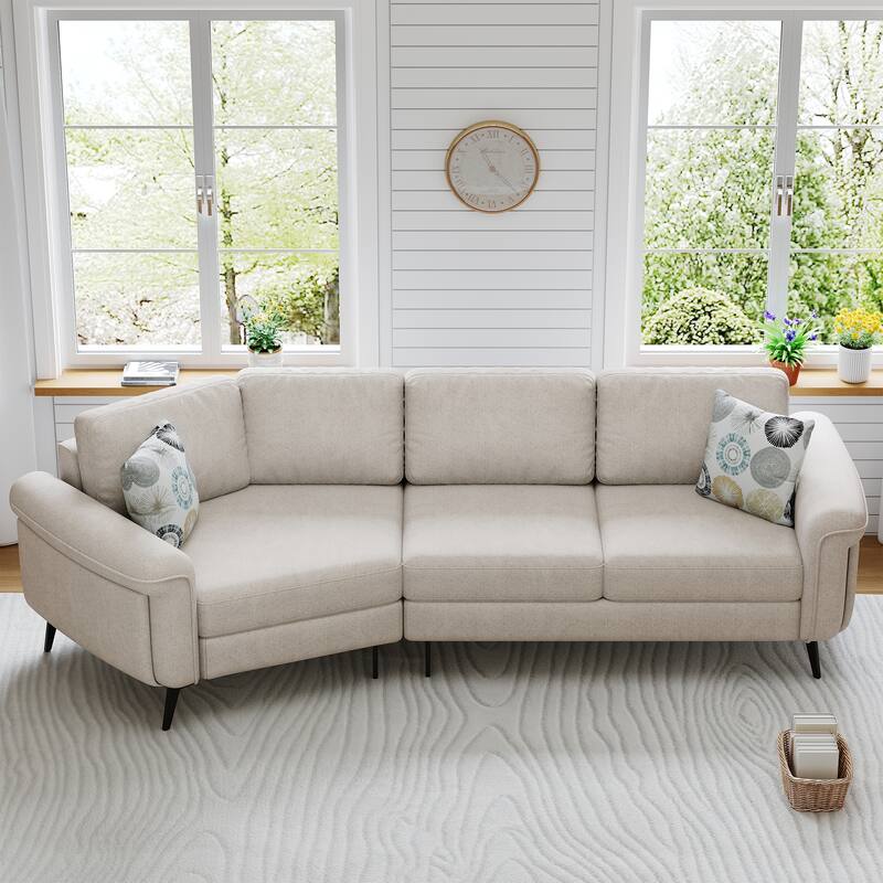 111" Chenille Curved 3-Seater Sofa with Removable Patterned Pillows - Beige