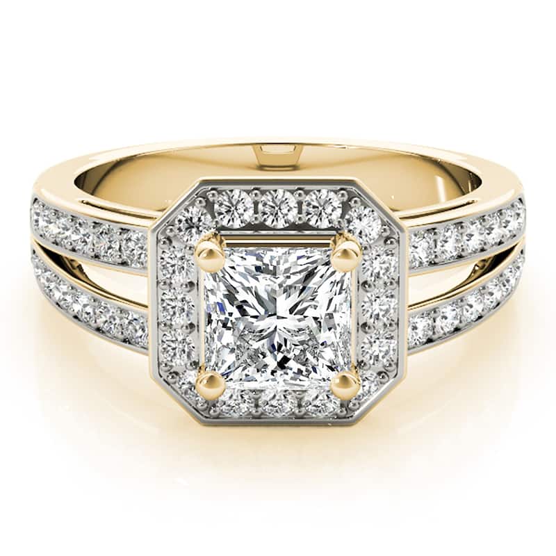 Auriya 14k Yellow Gold Lab Grown Princess Diamond Halo Engagement Ring 0.50 to 5.00 ct. tw. (F-G VS)