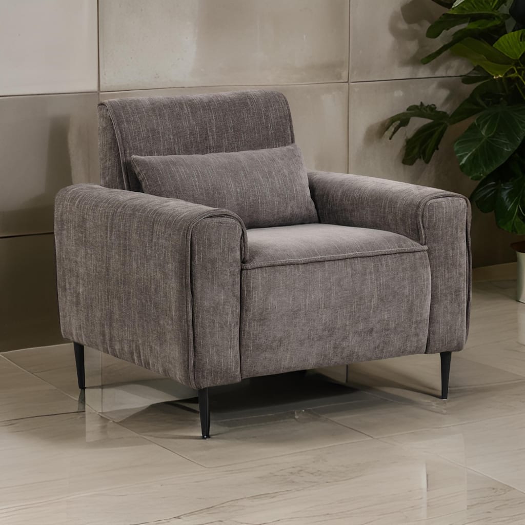 Tiu 39 Inch Accent Chair, Lumbar Pillow, Gray Chenille, Metal, Solid Wood