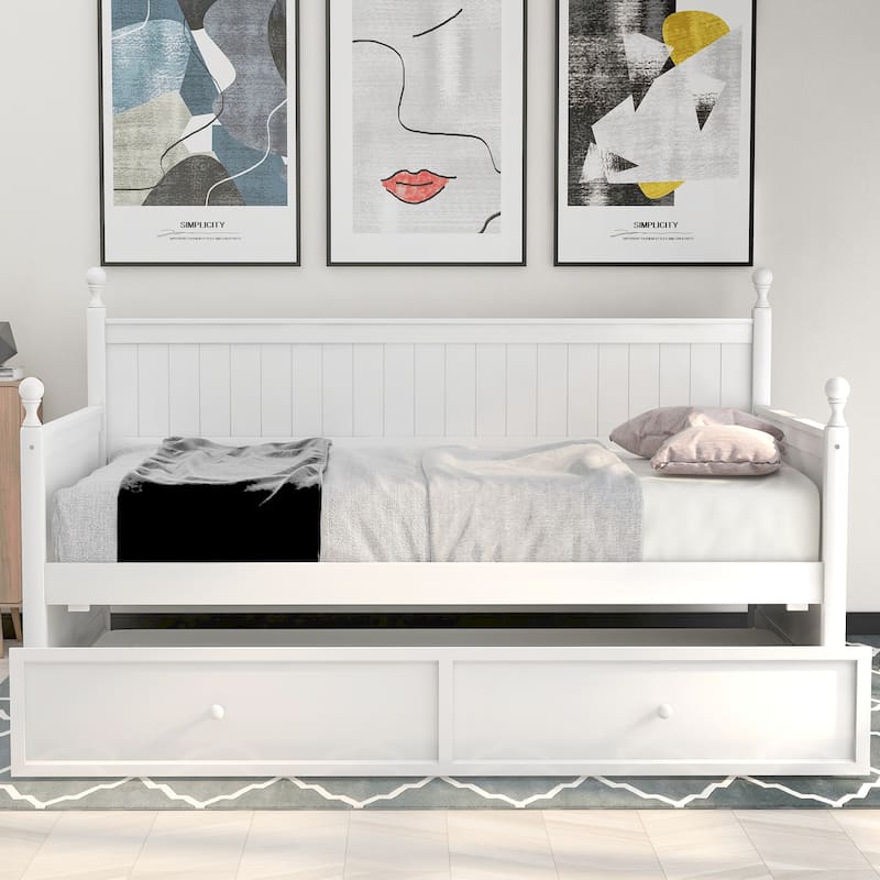 Twin Size White Wood Daybed with Trundle, Space-Saving Dual-Use Bed Frame