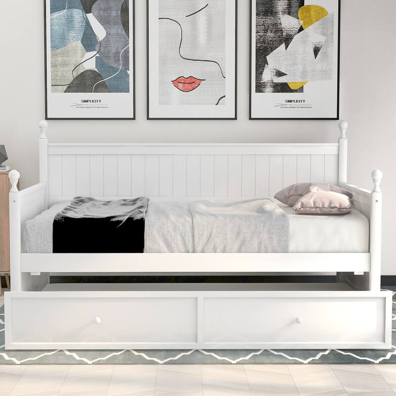 Twin Size Wood Daybed with Trundle, Space-Saving Design, Durable Pine Frame - White
