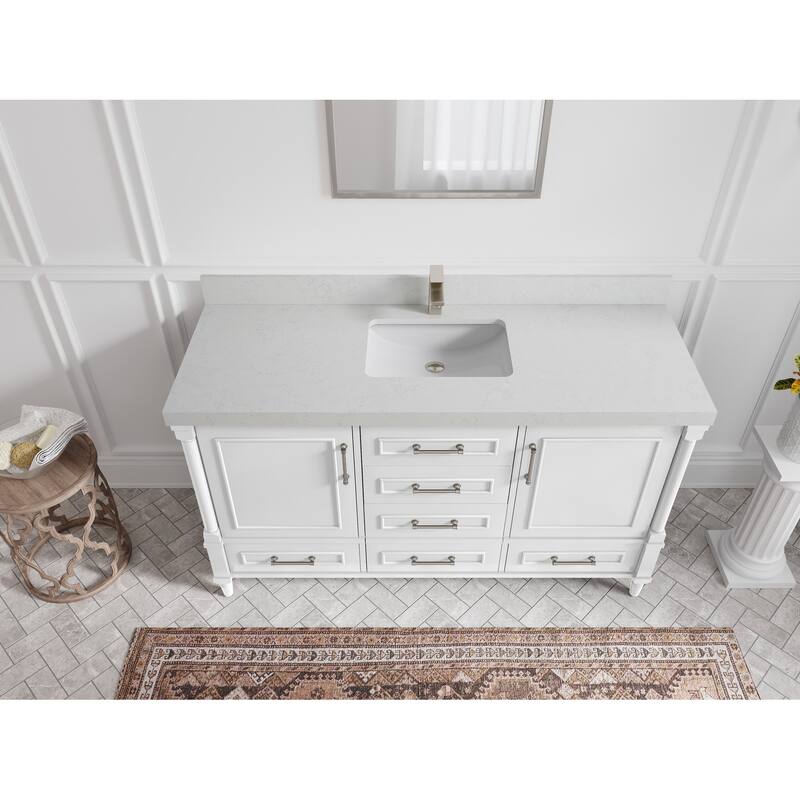 Willow Collections 60 in. W x 22 in. D Aberdeen Single Bowl Sink Bathroom Vanity with Countertop - 2" Carrara Quartz - White
