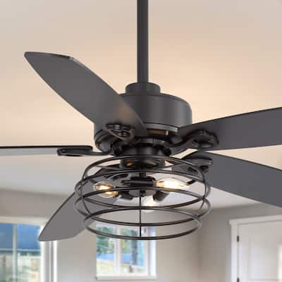 52" Industrial Reversible Wood 5-Blade Black Ceiling Fan with Light and Remote