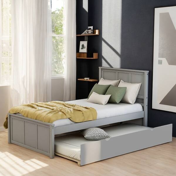 slide 2 of 9, Twin Platform Kids Bed with Trundle, Solid Wood Frame, Space-Saving Design, Trundle Can Be Placed on Either Side, Grey Grey