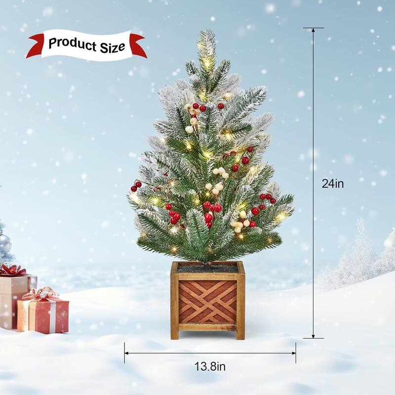 24" Pre-Lit Mini Artificial Christmas Tree with LED Lights & Wooden Base - 2FT