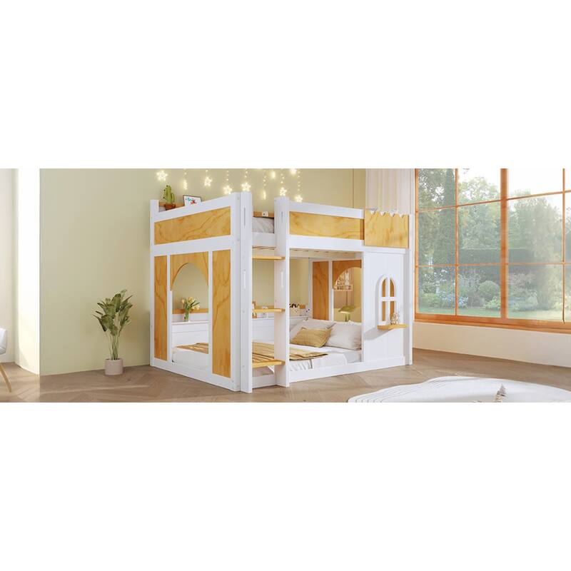 Roomfitters Twin Over Twin/Full Over Full Bunk Bed with Window, Two Doors and Storage Shelves, Natural and White