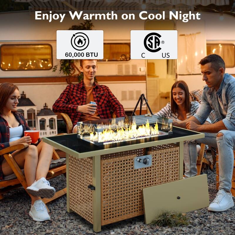 43" Propane Gas Fire Pit Table, 60000 BTU Rectangular Open Weave Wicker Fire Pit with Glass Wind Guard