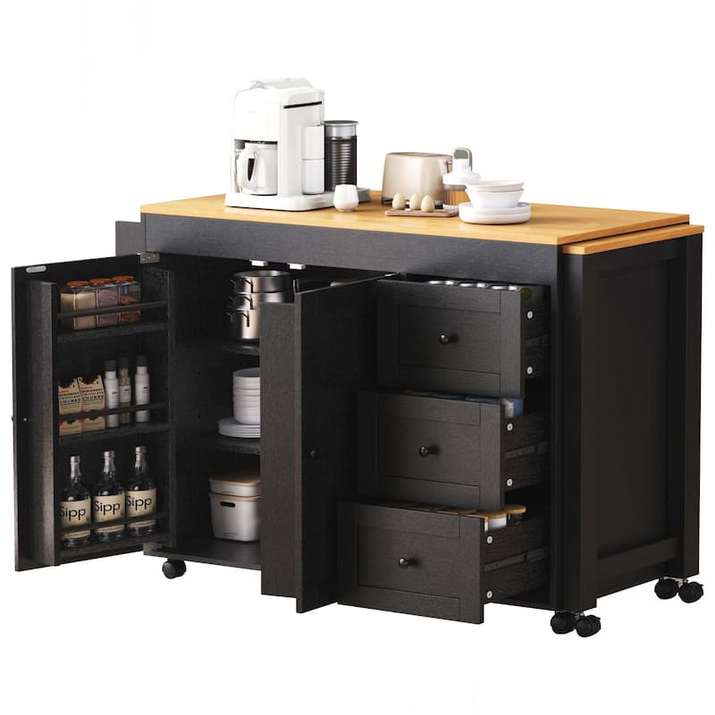 Kitchen Island with Extendable Dining Table, Kitchen Storage Cart with 3 Drawers, Power Outlet - Black