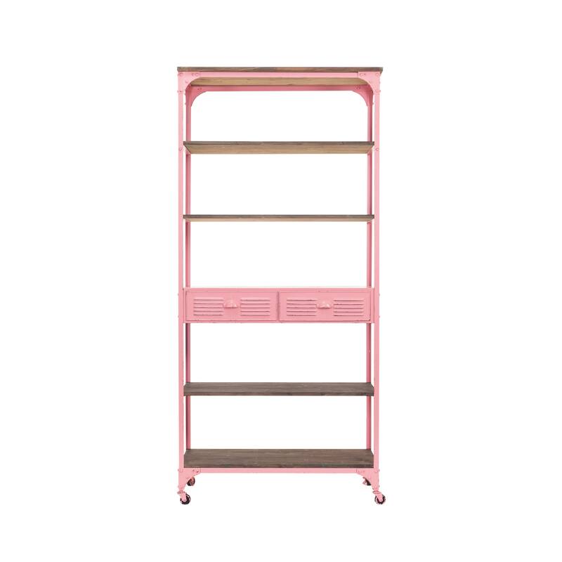 Metal and Wood 5-Tier Shelf on Wheels with 2 Drawers