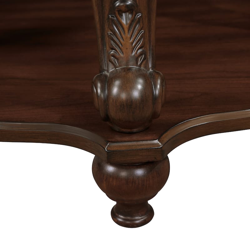 Oval Wood Coffee Table for Living Room with Open Storage Shelf, 2-Tier Solid Wood Cocktail Table with Beautiful Floral Carvings
