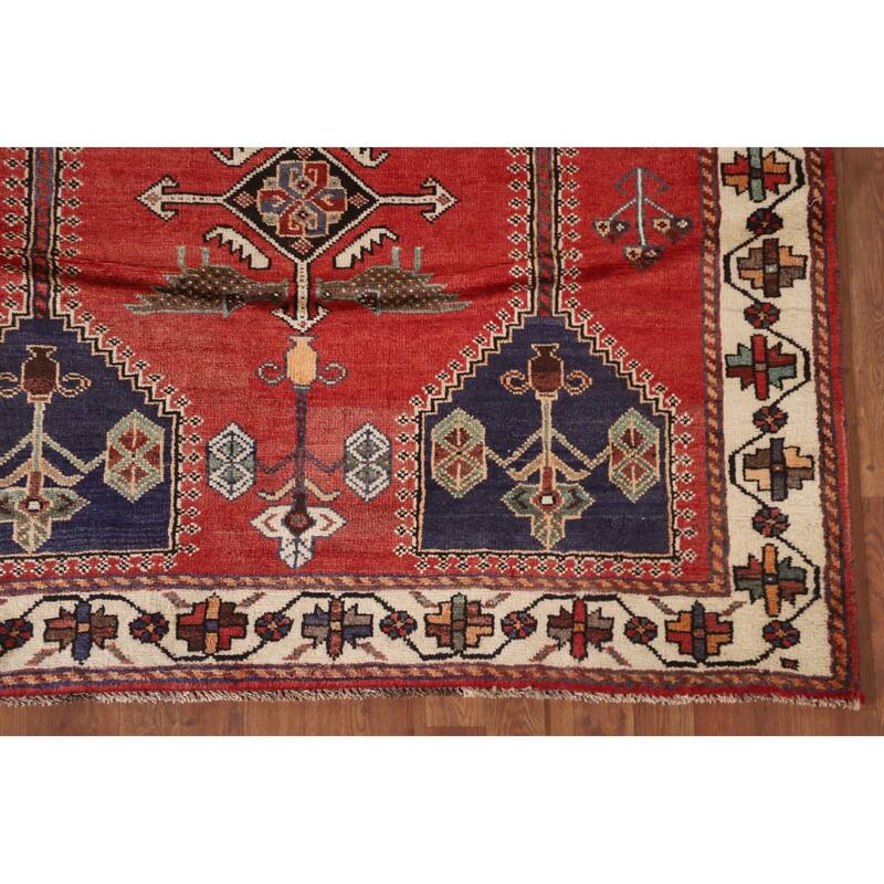 Hand Knotted Oriental 100% Wool Carpet Traditional Tribal Red Shiraz Area Rug - 9' 5'' X 5' 3''