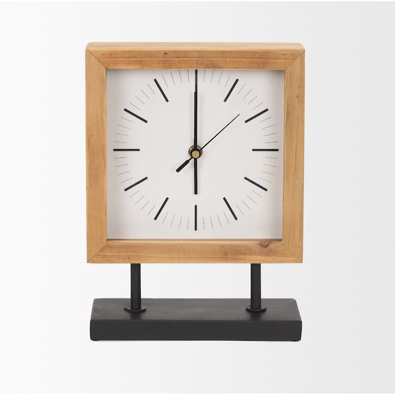 Renaya Light Brown Wood w/ Matte Black Metal Base Table Clock - 8.1L x 2.8W x 11.0H