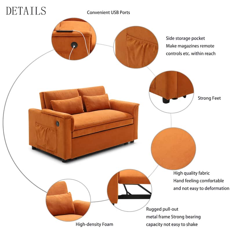 55" Velvet 2-Seater Convertible Sofa Bed, 3-in-1 Pull-Out Loveseat with Adjustable Backrest, USB Ports, Side Pockets