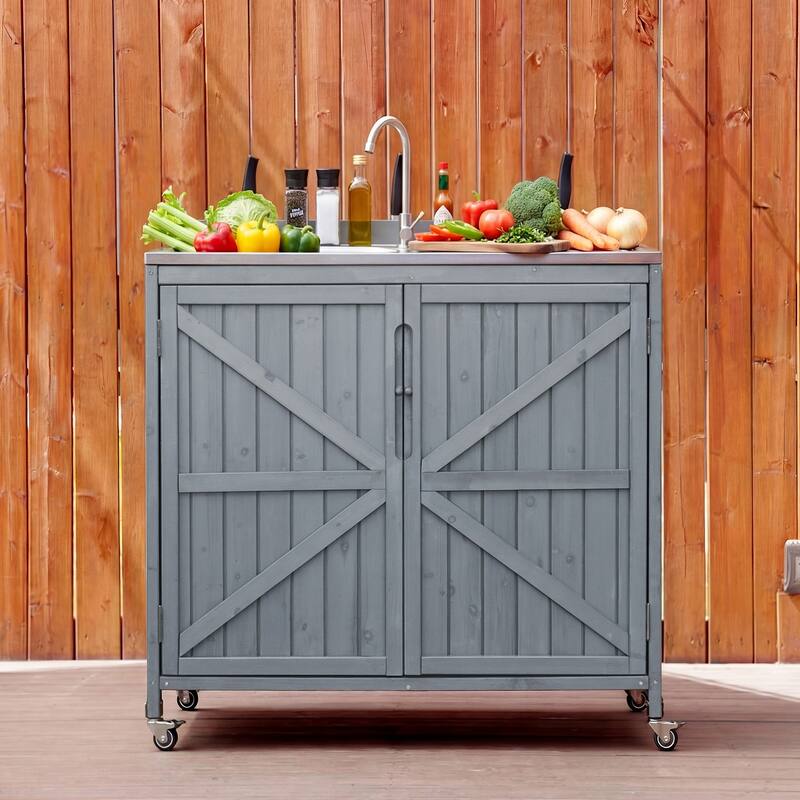 39.4" Outdoor Kitchen Island with 304 Stainless Steel Sink, Faucet & Storage Cabinet - Grey+Blue