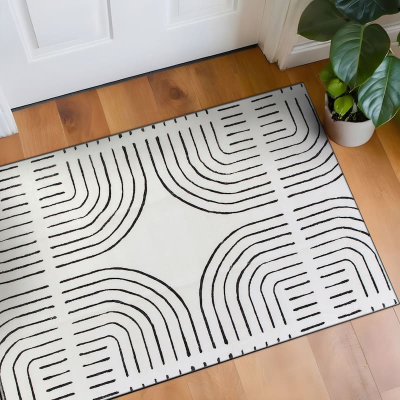 World Rug Gallery Bohemian Lines Washable Non Slip Area Rugs - Ivory - 2'x4'
