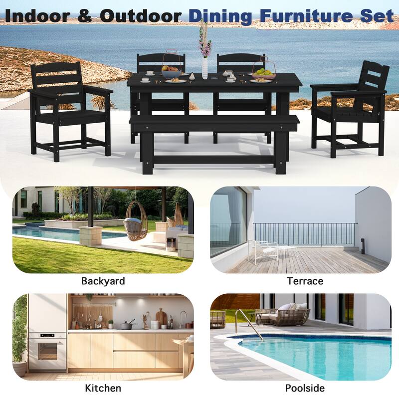 6-Piece HDPE Outdoor Dining Table Sets with Umbrella Hole - 1-Table 4-Chairs-1-Bench