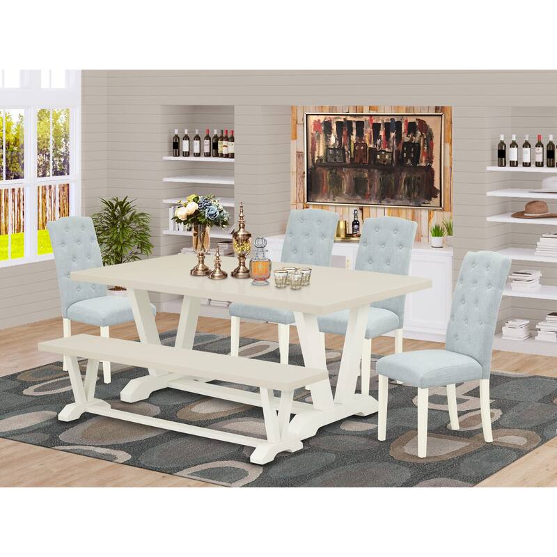 East West Furniture Dining Table Set- a Kitchen Table and Baby Blue Linen Fabric Parsons Chairs, Off-White(Pieces Options)
