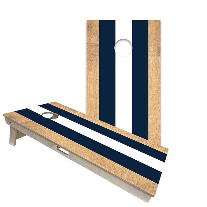 Navy and White Classic Stripes Regulation 2x4 Cornhole Board Set - Backyard - Include Case + LED Lights