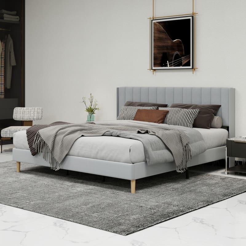 Caxkun Upholstered Platform Bed Frame with Wingback headboard - Grey - King