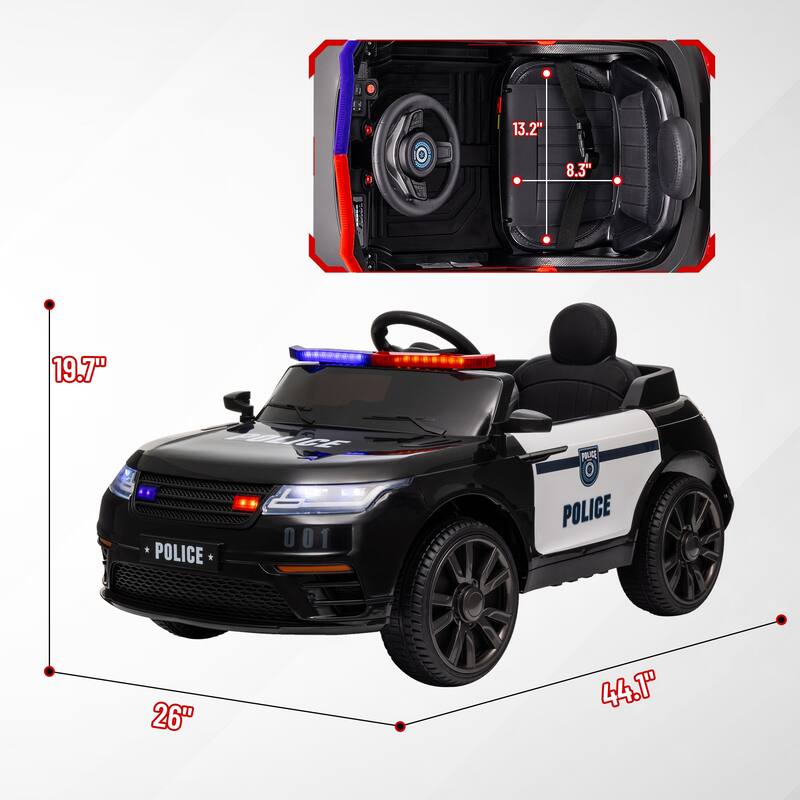 12V Electric Police Car for Kids with Remote Control, Siren, Music, LED Lights, Spring Suspension Wheels & Transport Wheel