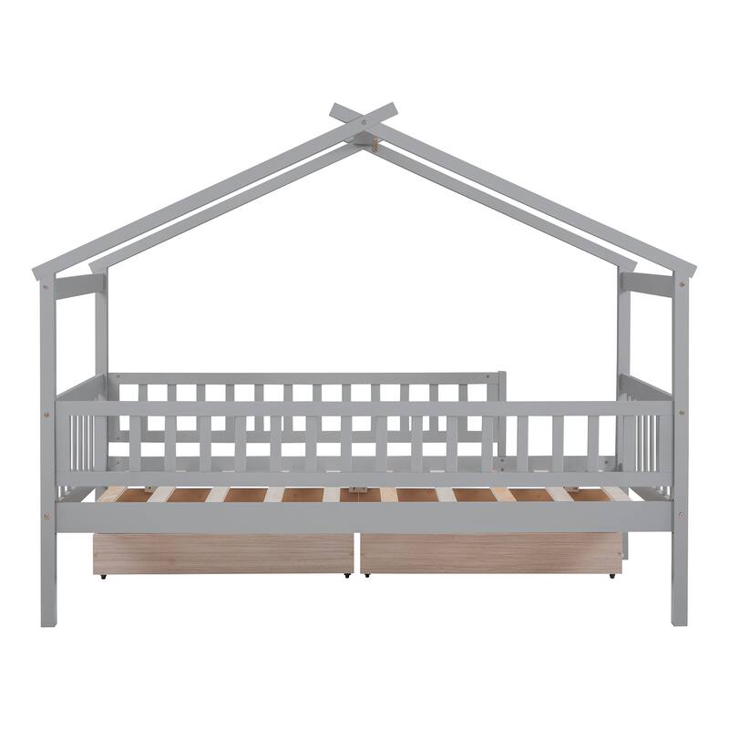 Twin House-Shaped Bed with 2 Storage Drawers, Wooden Platform Bed for Kids